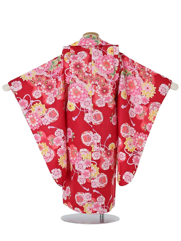 七五三レンタル(3歳女被布)3078 ﾜｲﾝﾚｯﾄﾞ地 花