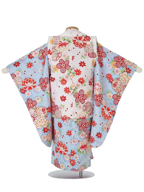 七五三レンタル(3歳女被布)3079 白×水色 花