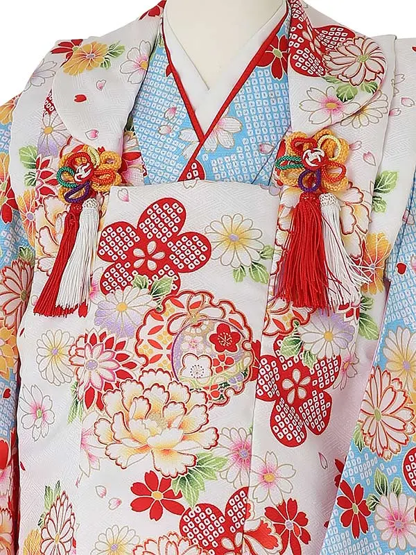 七五三レンタル(3歳女被布)3079 白×水色 花