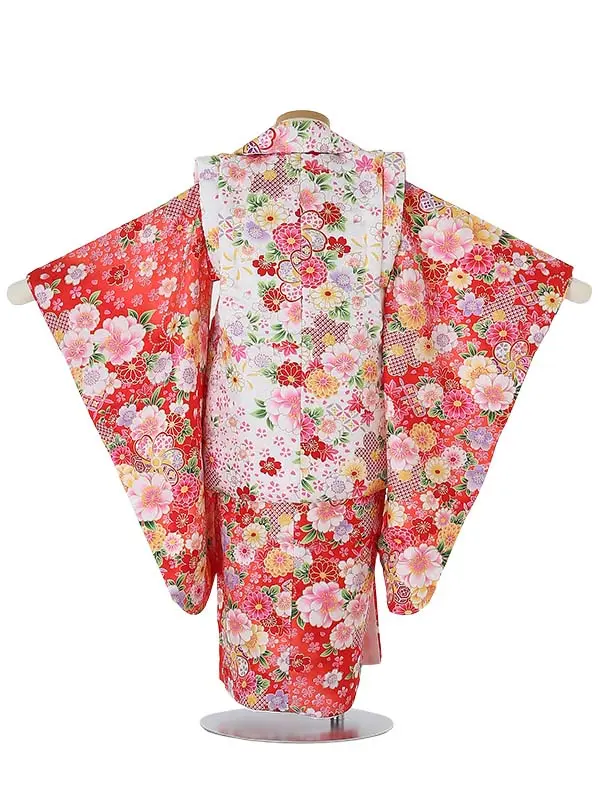 七五三レンタル(3歳女被布)3080 白×ｻｰﾓﾝﾋﾟﾝｸ 花