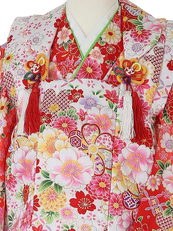 七五三レンタル(3歳女被布)3080 白×ｻｰﾓﾝﾋﾟﾝｸ 花
