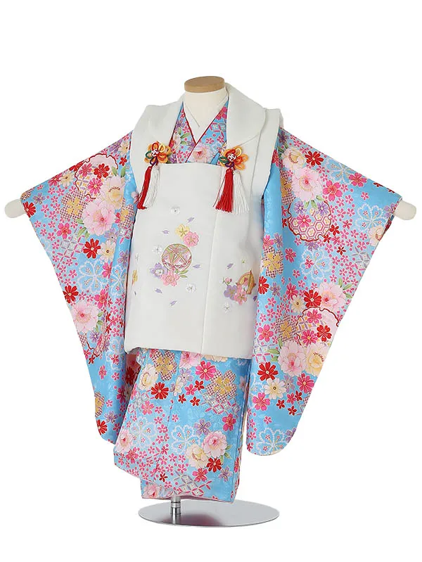 七五三レンタル(3歳女被布)3082 白×水色 花 まり