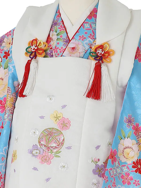 七五三レンタル(3歳女被布)3082 白×水色 花 まり