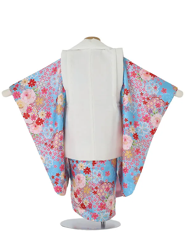 七五三レンタル(3歳女被布)3082 白×水色 花 まり