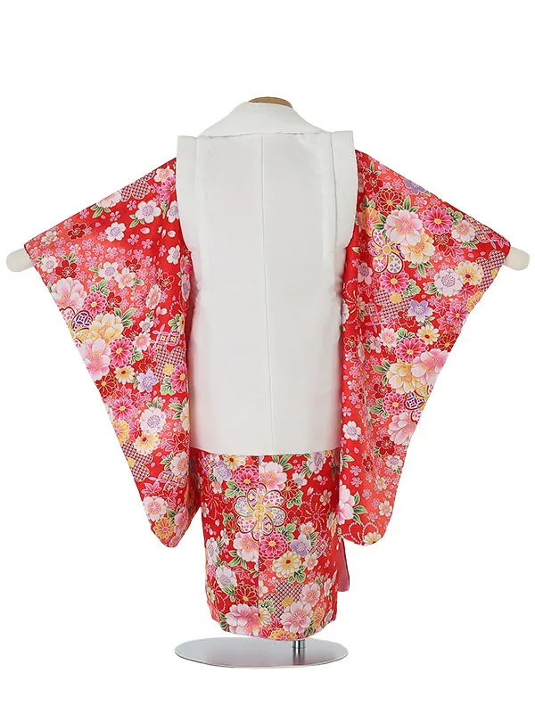 七五三レンタル(3歳女被布)3084 白×ｻｰﾓﾝﾋﾟﾝｸ 花