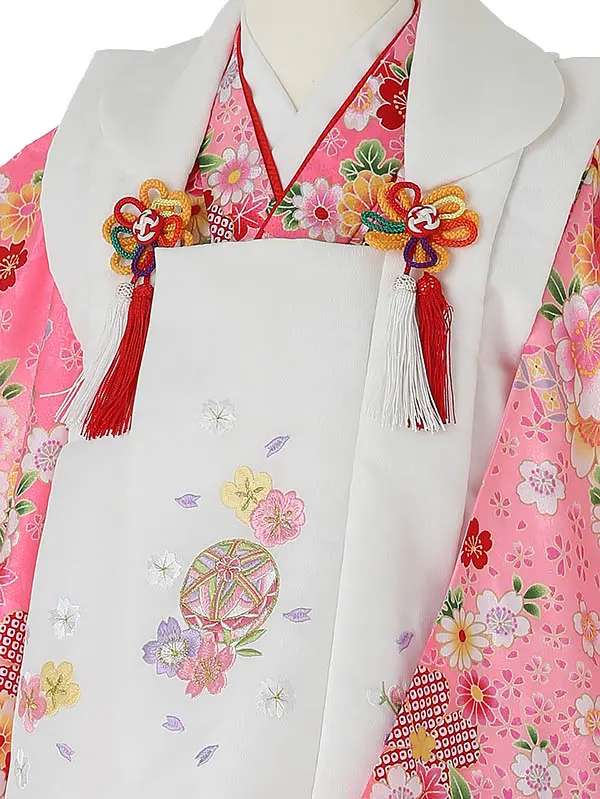 七五三レンタル(3歳女被布)3085 白×ﾋﾟﾝｸ 花