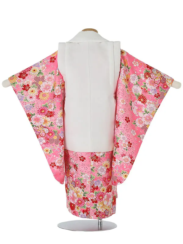 七五三レンタル(3歳女被布)3085 白×ﾋﾟﾝｸ 花