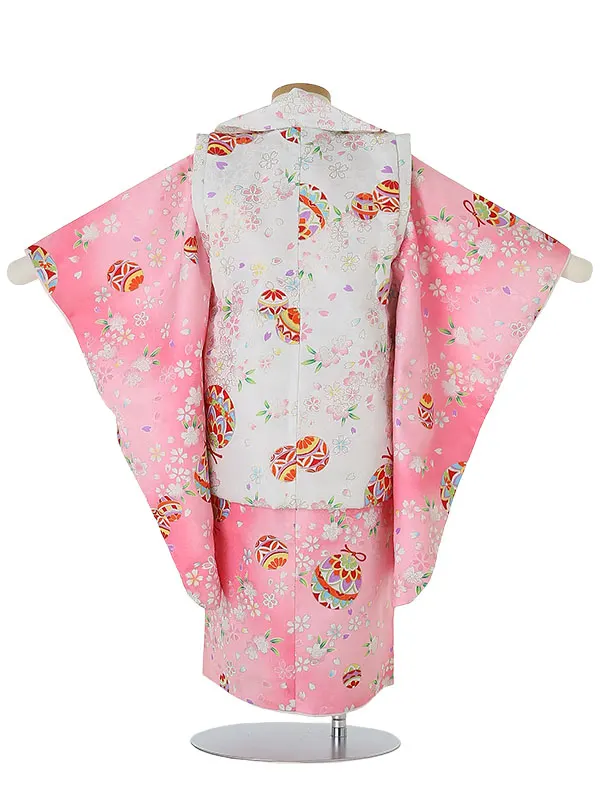 七五三レンタル(3歳女被布)3086 白×ピンク まり