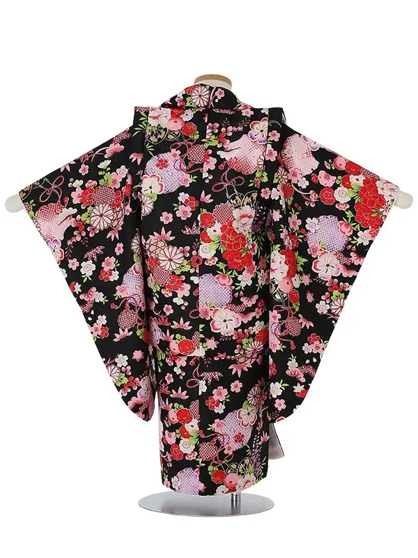 七五三レンタル(3歳女被布)3087 黒×黒 牡丹 うさぎ
