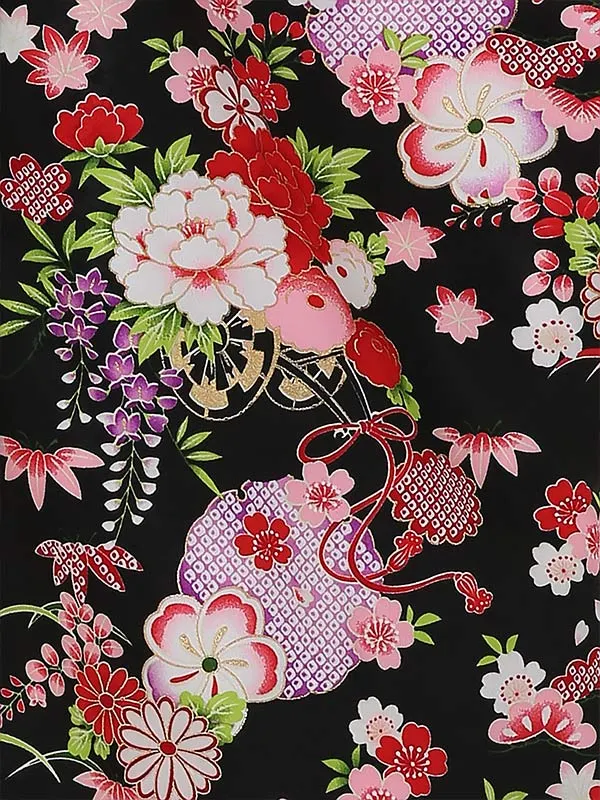 七五三レンタル(3歳女被布)3087 黒×黒 牡丹 うさぎ