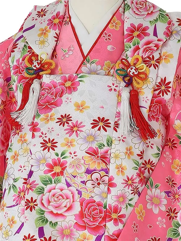 七五三レンタル(3歳女被布)3088 白×ピンク 牡丹