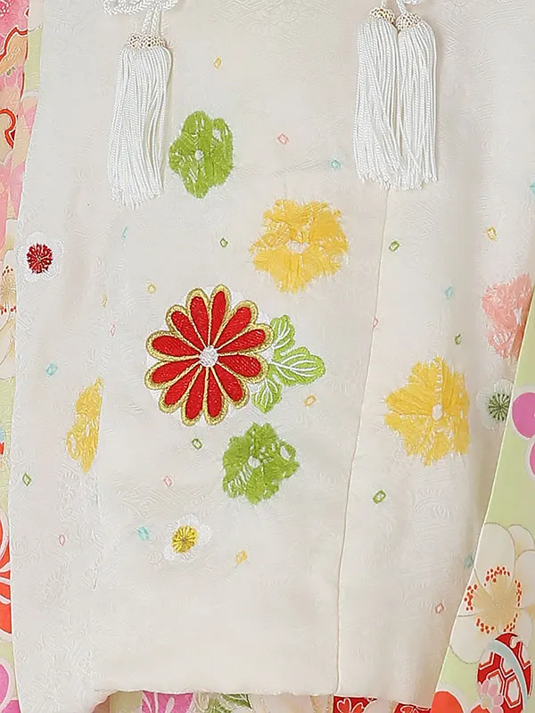 七五三(3女被布)正絹 白×淡いグリーン 鈴 花 3208