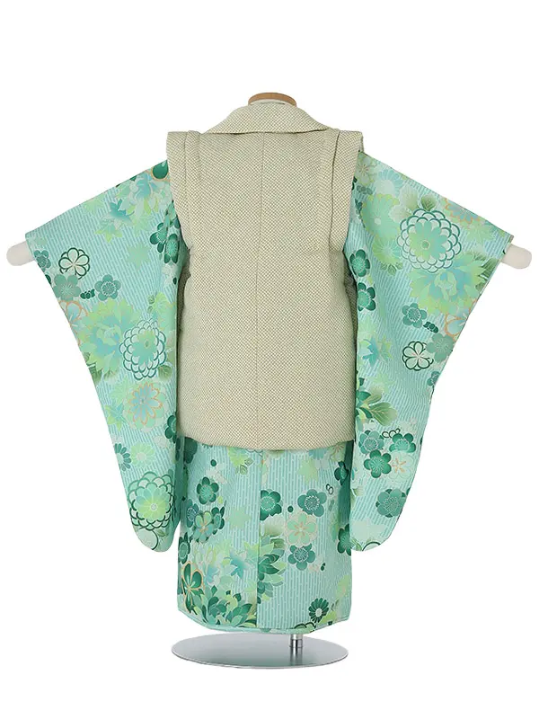 七五三(3女)被布 緑 鹿の子模様桜花麻 青小花 3411