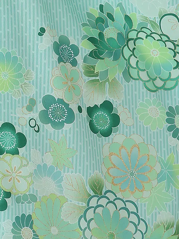 七五三(3女)被布 緑 鹿の子模様桜花麻 青小花 3411