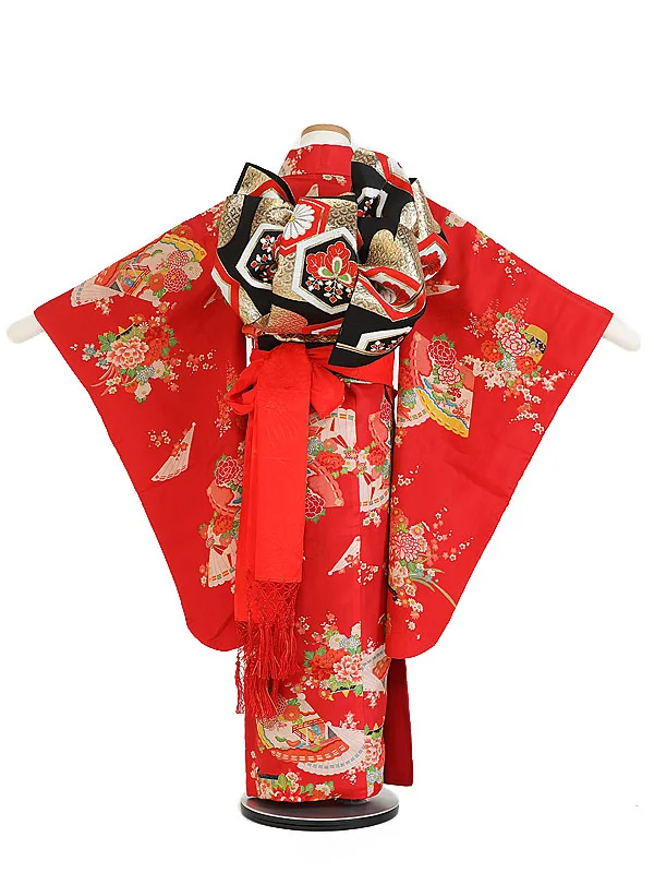 アンティーク(5.6歳,女の子,袋帯)赤 扇 花散らし5503