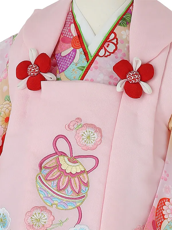 七五三レンタル(3歳女被布)A320 ﾋﾟﾝｸ鈴×黄色鼓に花