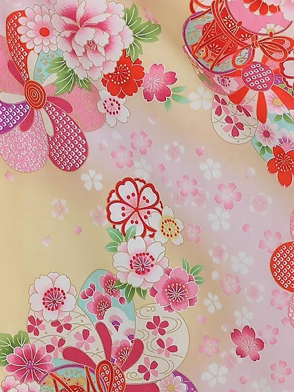 七五三レンタル(3歳女被布)A320 ﾋﾟﾝｸ鈴×黄色鼓に花