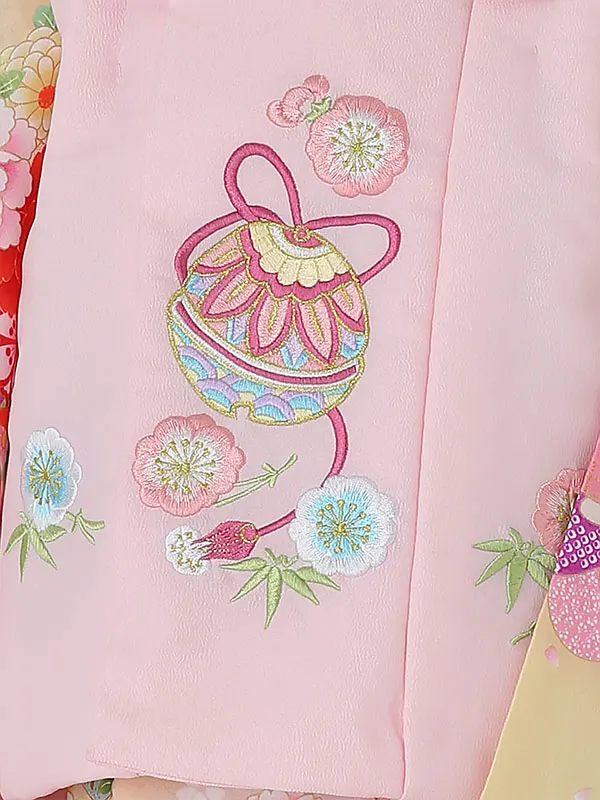 七五三レンタル(3歳女被布)A320 ﾋﾟﾝｸ鈴×黄色鼓に花