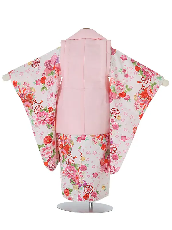 七五三レンタル(3歳女被布)A321 ﾋﾟﾝｸ鈴×白鼓に花