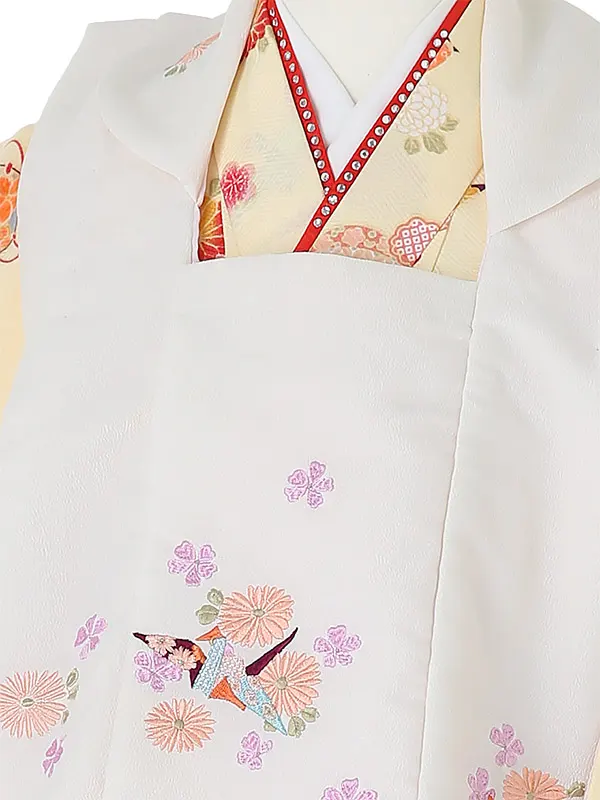 七五三レンタル(3歳女被布)A328 R・KIKUCHI白×ｸﾘｰﾑ色ぼたん折鶴