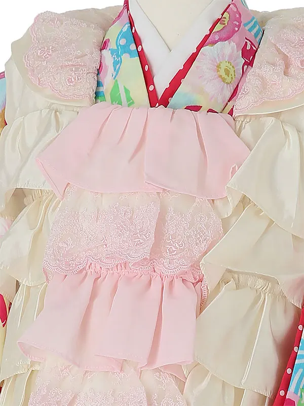 七五三レンタル(3歳女被布)A333 白×ﾊﾟｽﾃﾙｶﾗｰ お菓子