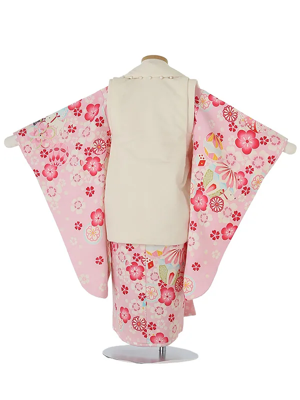 七五三レンタル(3歳女被布)A345 pom ponette ｸﾘｰﾑ×ﾋﾟﾝｸ