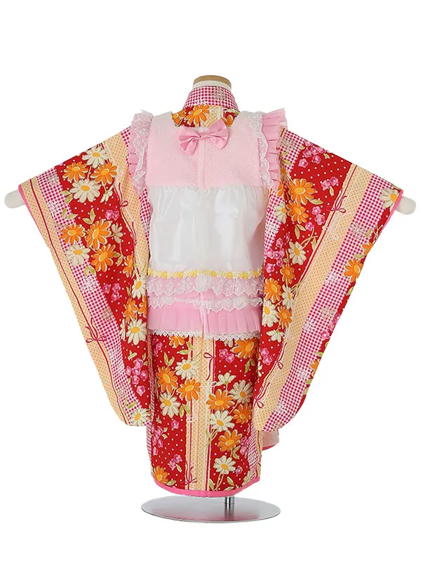 七五三レンタル(3歳女被布)A347 ぷちぷり 白×赤