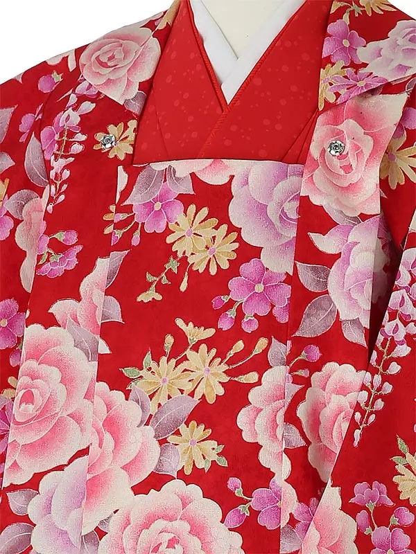 七五三レンタル(3歳女被布)A350 赤×赤無地 薔薇
