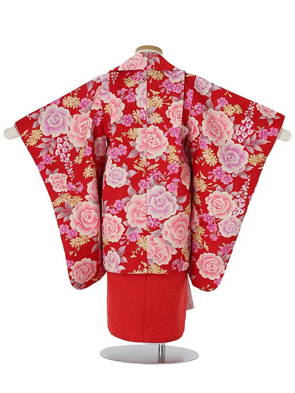 七五三レンタル(3歳女被布)A350 赤×赤無地 薔薇