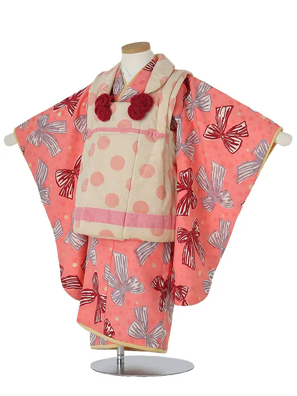 七五三レンタル(3歳女被布)A352 hakka kids 白×ﾋﾟﾝｸ