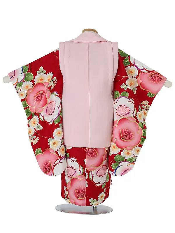 七五三(3歳女被布)B303 小菊と椿 ピンク×赤