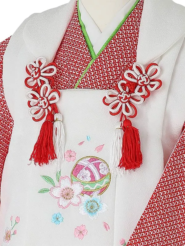 七五三(3歳女被布)B306 鹿の子柄 桜と鞠 白×赤