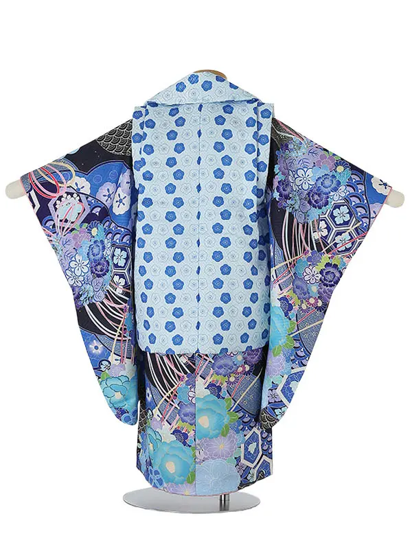 七五三(3歳女被布)B319 KAGURA レトロ古典柄 和ブーケ 水色×青
