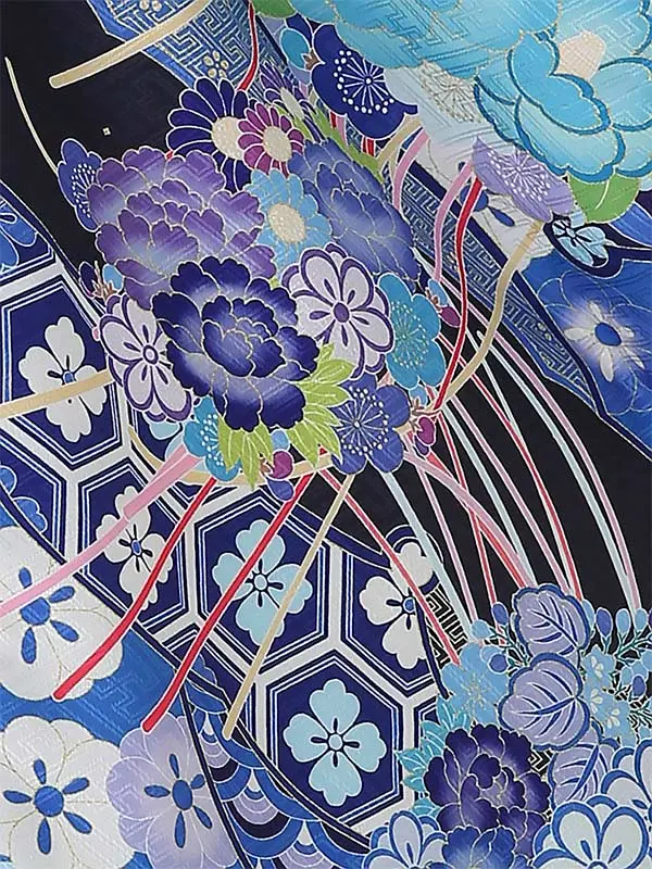 七五三(3歳女被布)B319 KAGURA レトロ古典柄 和ブーケ 水色×青