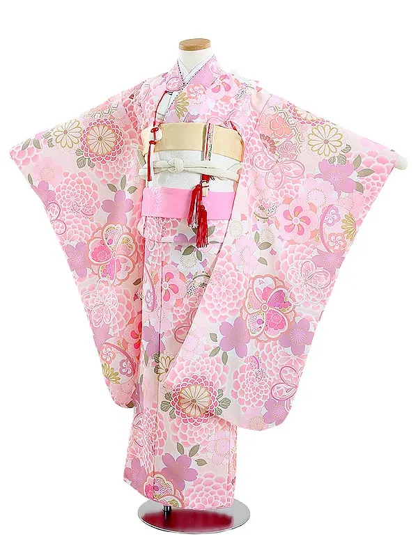七五三レンタル(7歳女結び帯)B727 KAGURA 大輪の菊と秋の桜 ピンク