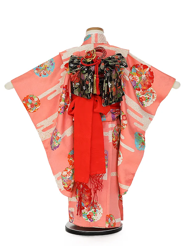 アンティーク(3歳4歳女児) 結び帯 正絹 エ霞 花丸文様 薄紅 C324