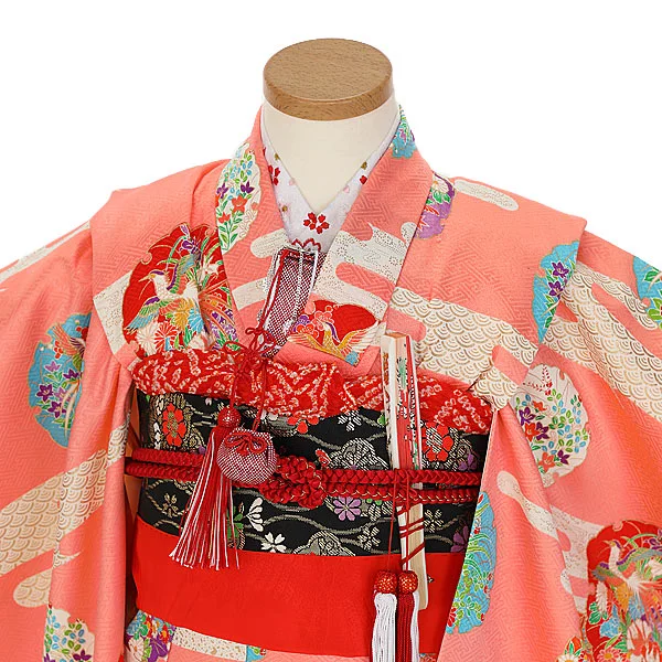 アンティーク(3歳4歳女児) 結び帯 正絹 エ霞 花丸文様 薄紅 C324