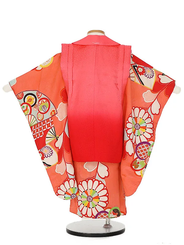 アンティーク(3歳被布)正絹 扇 モダンねじ梅 菊 赤ぼかし×薄紅 C325