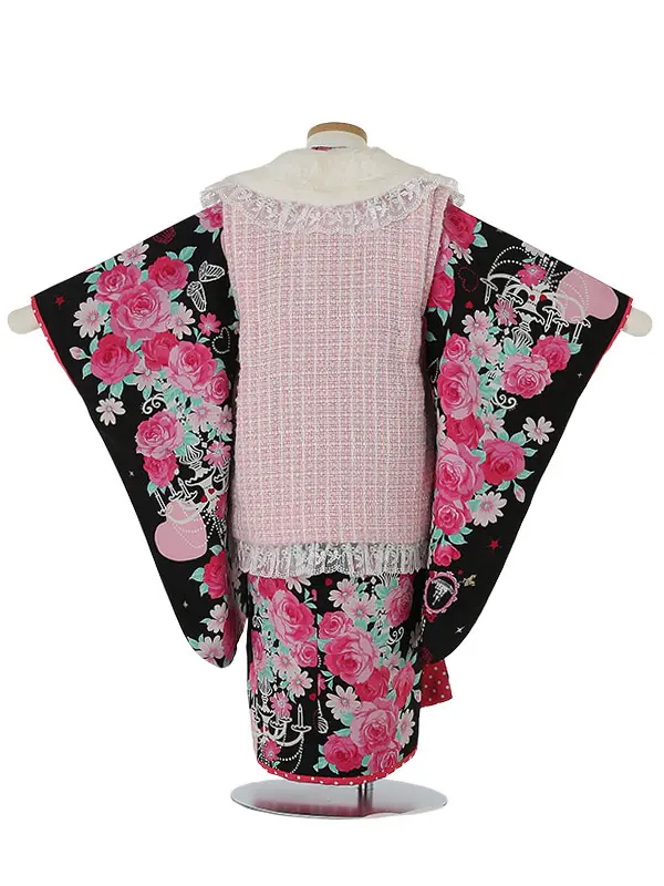 七五三レンタル(3歳女被布)H344 ﾋﾟﾝｸ×黒 花とﾊｰﾄ