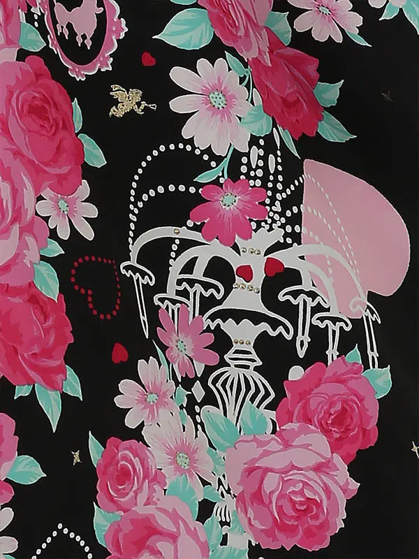 七五三レンタル(3歳女被布)H344 ﾋﾟﾝｸ×黒 花とﾊｰﾄ