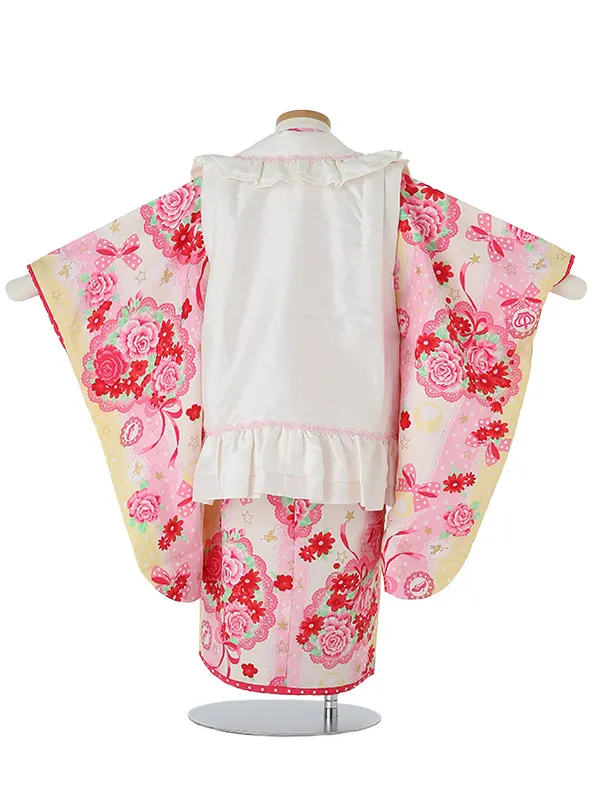 七五三レンタル(3歳女被布)H351 白×ｲｴﾛｰ 花