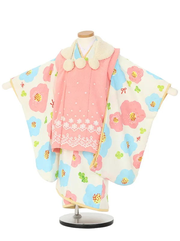 七五三レンタル(3歳女被布)H390 hakka kids ピンク×クリーム 花