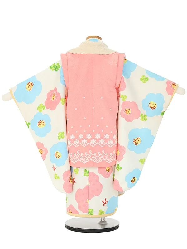 七五三レンタル(3歳女被布)H390 hakka kids ピンク×クリーム 花