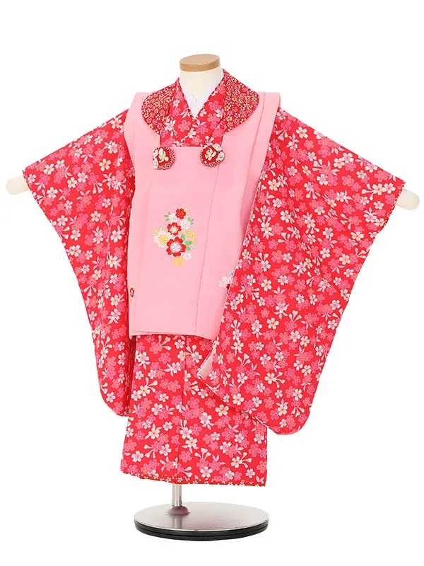七五三レンタル(3歳女被布)H396 ピンク×赤 桜