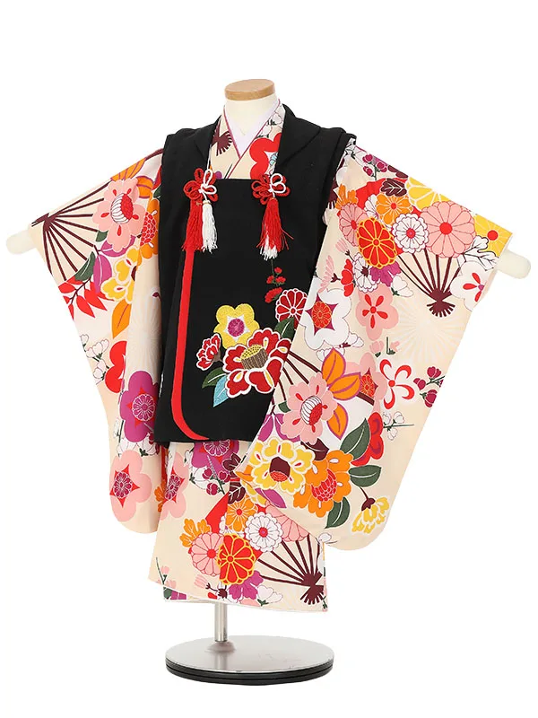 七五三レンタル(3歳女被布)H399 黒×クリーム 花尽くし