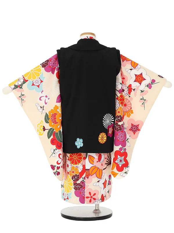 七五三レンタル(3歳女被布)H399 黒×クリーム 花尽くし