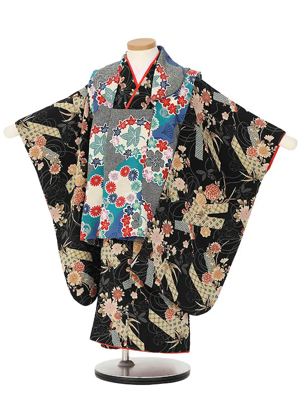 七五三レンタル(3歳女被布)H404 青×黒地古典