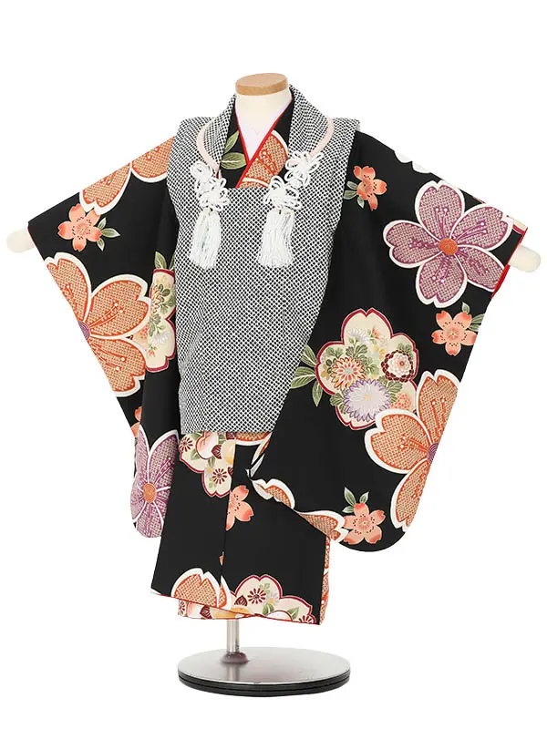 七五三レンタル(3歳女被布)H405 黒鹿の子×黒地花