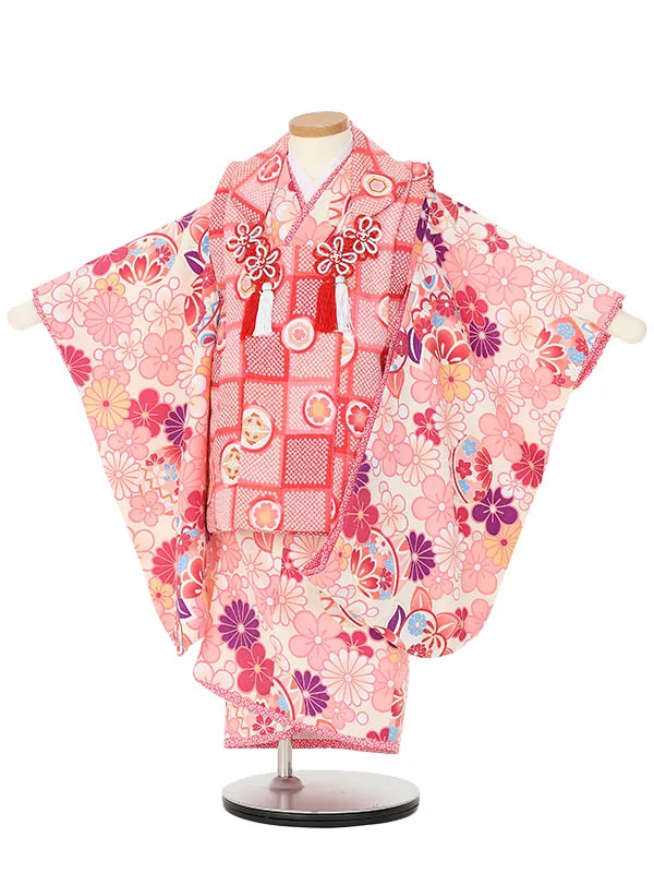 七五三レンタル(3歳女被布)H406 鹿の子市松×鞠と花