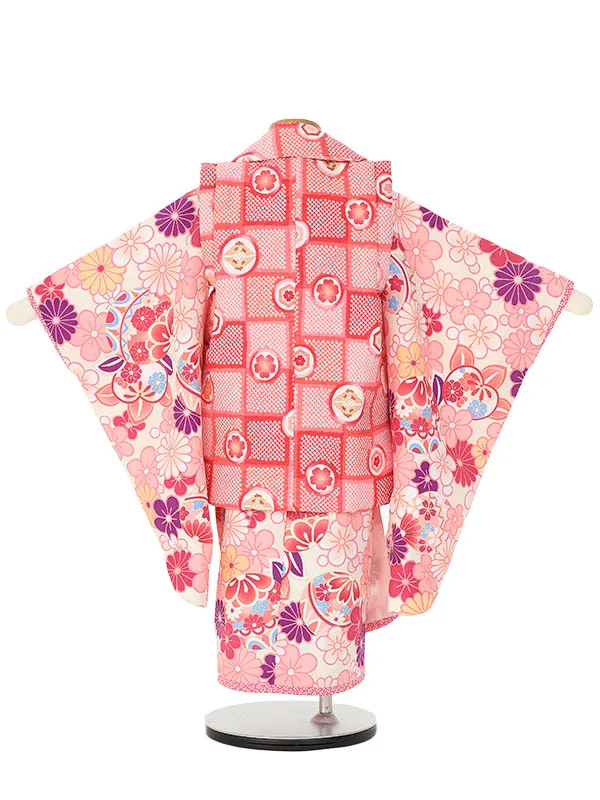 七五三レンタル(3歳女被布)H406 鹿の子市松×鞠と花